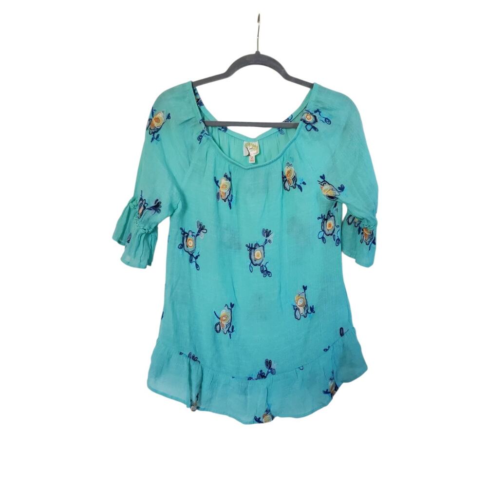 Fig and Flower Mint Green Floral Embroidered Boho Rayon Blouse, Women's Large